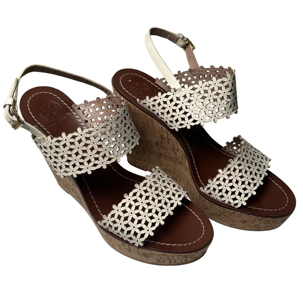 Tory Burch Wedge Sandals Womens 11M White Floral Laser Cut Cork Platform Summer